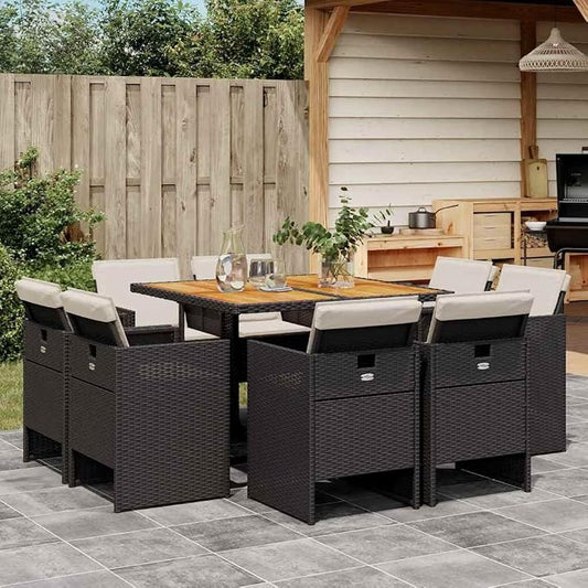 9 Piece Patio Dining Set with Cushions Black Poly Rattan Outdoor Rattan Furniture Set for Garden Backyard Dining Including 8 Folding Chairs and Acacia Wood Table UV-Proof Weather Resistant