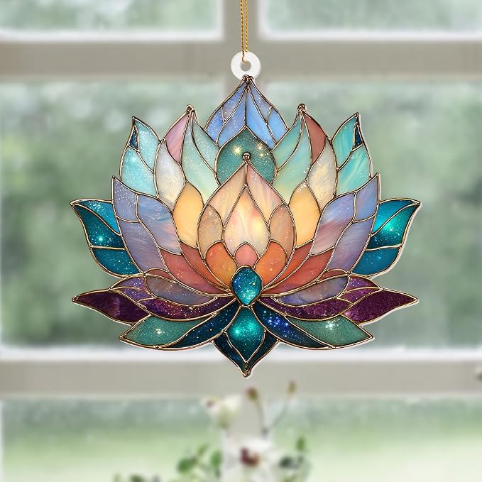 Lotus Stained Glass Acrylic Ornament – Colorful Lotus Flower Suncatcher for Windows, Christmas 2026 Ornament, Holiday & Spiritual Home Décor, Unique Handmade Gift(Sun-24)