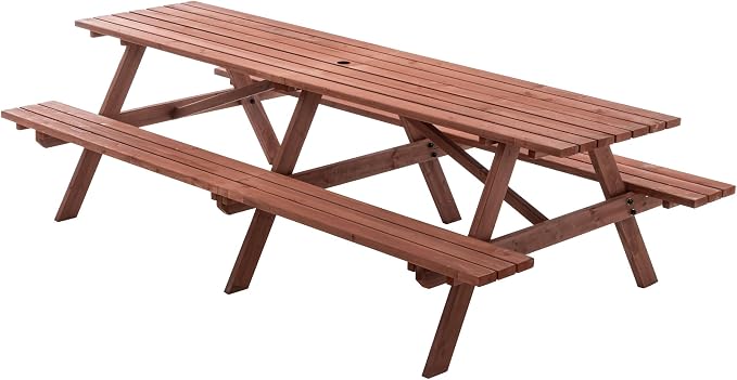 94.5'' Large Outdoor Dining Table, Rectangular Wooden Patio Dining Table & 2 Built-in Bench for 12, 2" Umbrella Hole, Suitable for Backyard Garden Porch, Brown