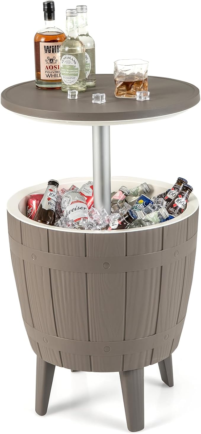 Tangkula 10 Gallon Cooler Bar Table, Outdoor Cooler Side Table w/Telescopic Tabletop, 3-in-1 Coffee Table Ice Bucket for Beer & Wine, All-Weather Cocktail Table for Backyard, Party, Poolside