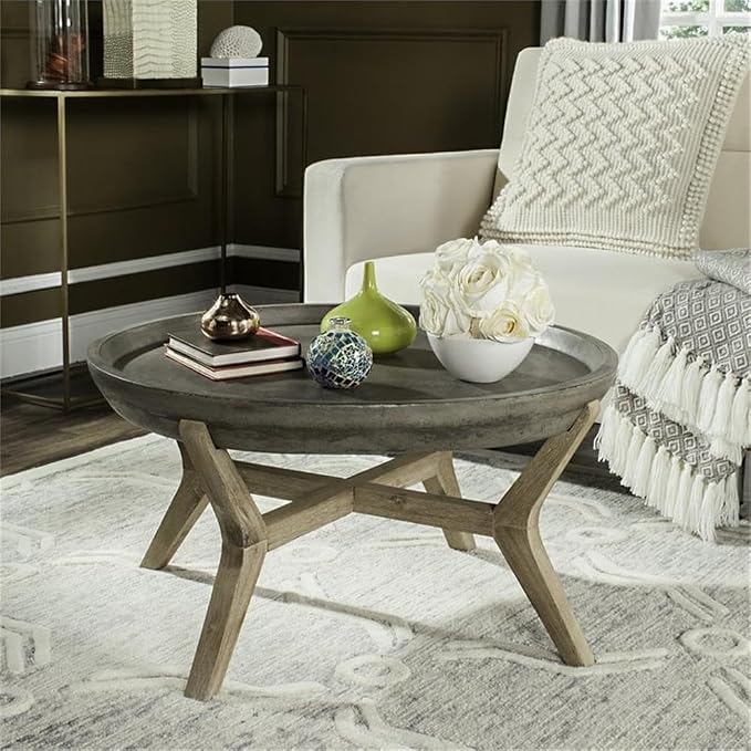 MAKLAINE Round Wood/Concrete Indoor/Outdoor Coffee Table, 18.1 in Height, Dark Gray Finish, Weather Resistant, Sculptural Design, Eco-Friendly Frame, 33.4 in Top, Versatile Patio or Living Room Table