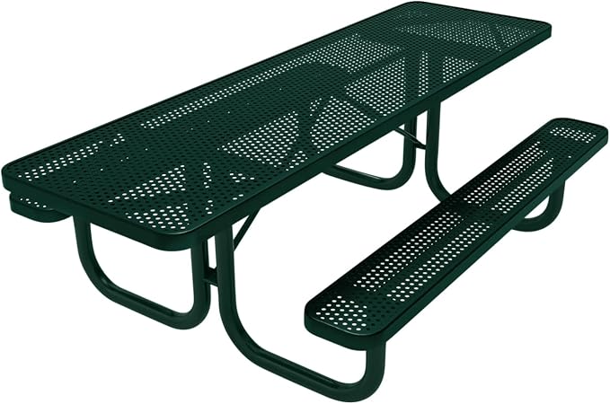 COATEDOUTDOORFURNITURE Heavy-Duty Portable ADA-Compliant Outdoor Picnic Table, Punched Steel Patio Furniture Made in America (8ft Rectangular, Both-Side Handicap, Dark Green with Dark Green Frames)