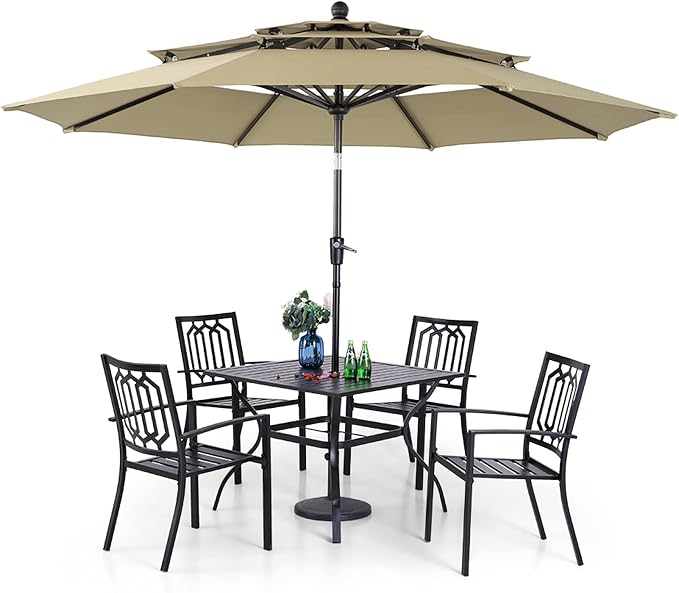 PHI VILLA 5 PCS Patio Dining Set w/ 10ft Umbrella | 1 Square Metal Table& 4 Metal Outdoor Stackable Chairs&1 10ft 3 Tier Auto-tilt Umbrella