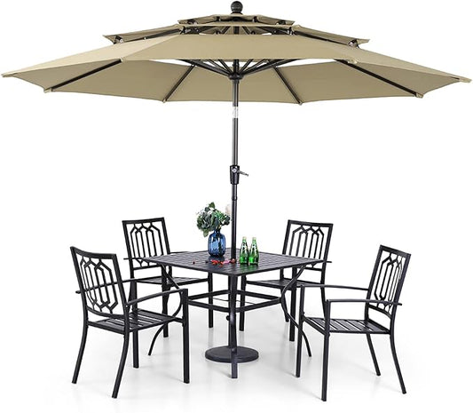 PHI VILLA 5 PCS Patio Dining Set w/ 10ft Umbrella | 1 Square Metal Table& 4 Metal Outdoor Stackable Chairs&1 10ft 3 Tier Auto-tilt Umbrella