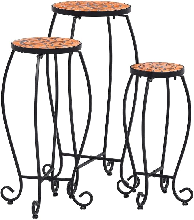 vidaXL Stylish Mosaic Tables Set of 3, Terracotta Ceramic Table Tops with Durable Iron Frame, Ideal for Garden, Balcony and Terrace Use
