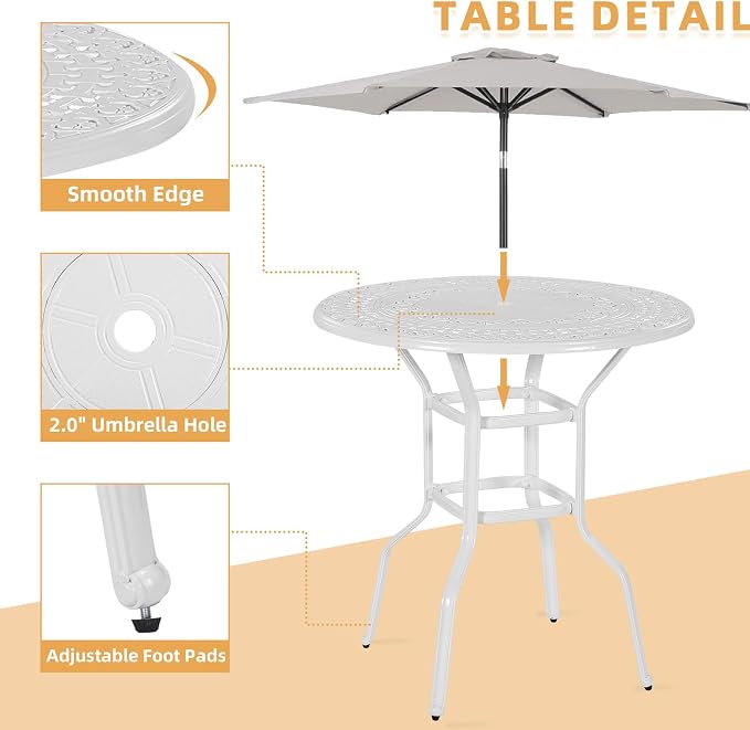 Cast Aluminum Patio Bar Table, 38.5" Outdoor Bar Height Bistro Table with 2" Umbrella Hole, Patio Bistro Round High Top Dining Table Pub Table for Porch Balcony Backyard, White