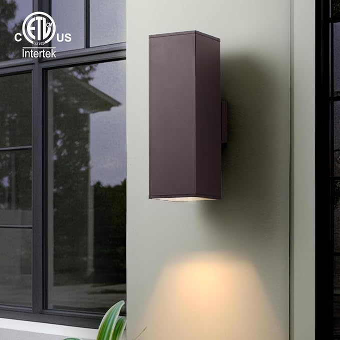mirrea 18" Modern Outdoor Porch Light, 2 Lights, Oil Rubbed Bronze, 2 Pack | Patio wall sconce, aluminum rectangular tube, tempered glass, waterproof. Up & down lighting for outdoor wall mount fixture.