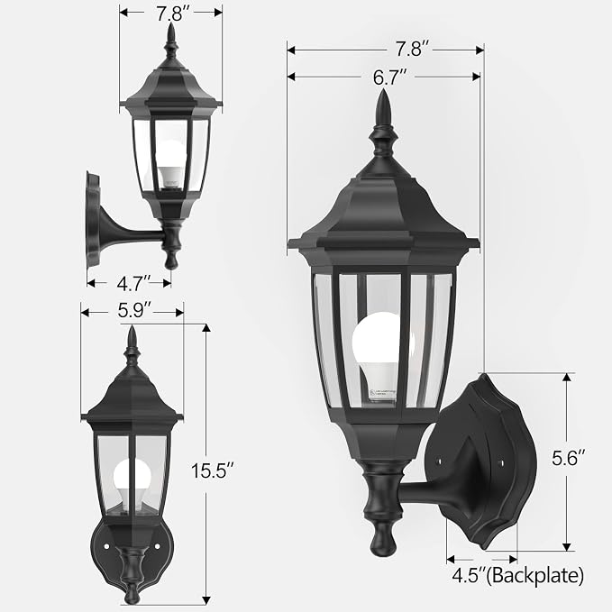 EMART Plastic Outdoor Wall Light Fixtures, Porch Sconces(2 Pack, Black) | Include Bulbs, Waterproof and Anti-Corrosion, Wall Mount for Outside, Garage, Front Door, House, Patio