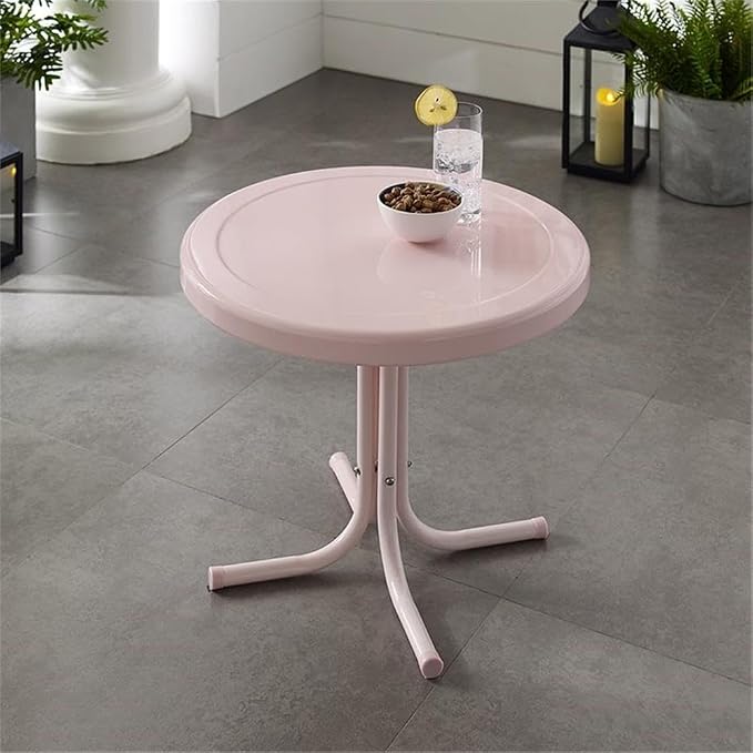 Pemberly Row Contemporary Metal Patio End Table, 22 in x 22 in x 19 in, Powder-Coated Steel, Pastel Pink, Weatherproof Outdoor Furniture, Pedestal Base for Patio, Balcony, or Porch Use
