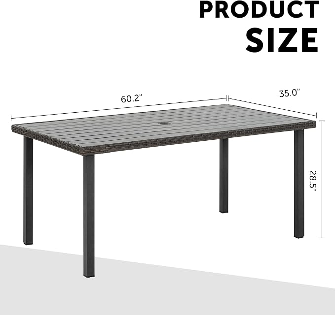 HAPPATIO Patio-Dining-Table-Outdoor-Furniture for 6, Patio Furniture Size 60 x 35 x 28.5, with Umbrella Hole Dia 2"