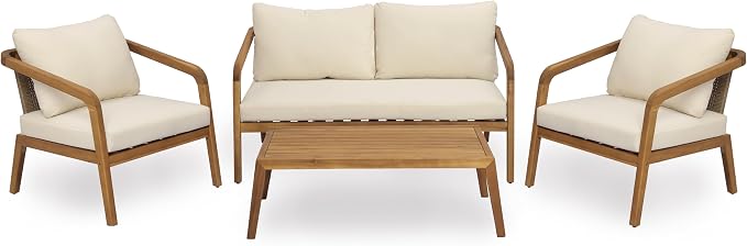 Merax 4-Piece Outdoor Patio Furniture Set, Acacia Wood Conversation Set with PE Wicker Backrest & Comfort Cushions for Backyard, Garden & Poolside