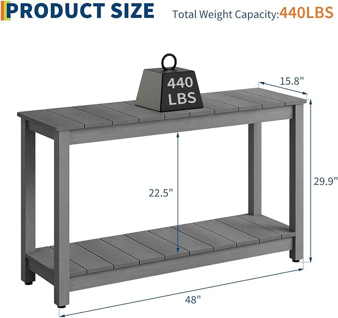 48 Inch 2-Shelf Console Table, Indoor Outdoor 2-Tier Patio Buffet Table with Adjustable Foot Pad, Wooden Bar Storage Organizer, Entryway Side Table for Patio, Porch, Backyard, Garden, Balcony
