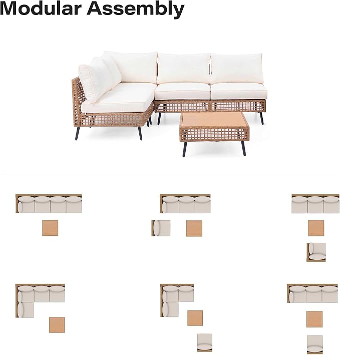 LAUSAINT HOME Outdoor 5 Pieces PE Wicker Patio Conversation Set, All-Weather Rattan Sectional Sofa with Thick Cushions & Coffee Table for Garden, Yard and Balcony (Beige)