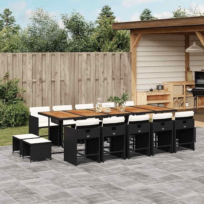 15 Piece Outdoor Patio Dining Set, Rattan Garden Table and Chairs with Stools, Acacia Wood Tabletop and Washable Cushions, Dining Furniture for 14 People, Black and Cream