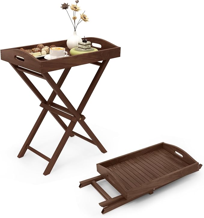 Giantex Outdoor Side Table with Removable Top, 28-Inches High Solid Teak Wood TV Tray, Folding Portable Bistro Table for Outside, Patio, Garden, Porch, Backyard, Balcony, No Assembly Need (1)