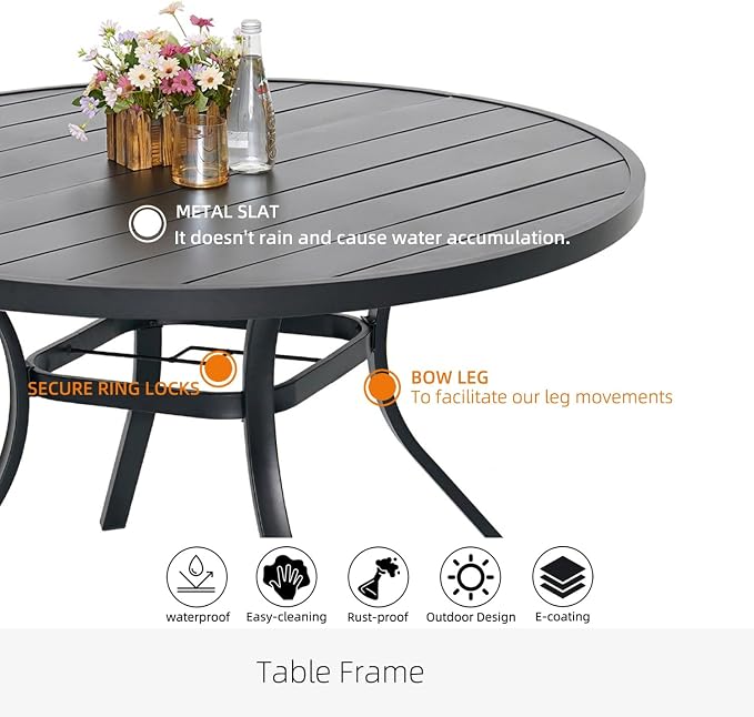 Patio Table and Chairs Set for 6 Person,54" Round Steel Slat Outdoor Table with 6PCS Breathable Textilene Stackable Chairs for Deck/Backyard/Poolside/Garden