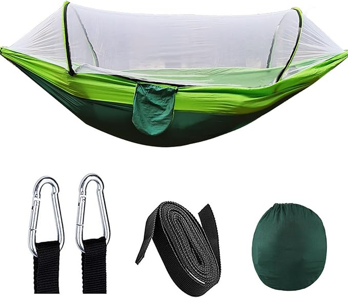 Heavy Duty Hammock with Mosquito Net–Canvas Hammock, Fade-Resistant Cotton Lounger, Roll-Free Comfort Design, Easy Setup for Backyard, Porch, Garden, Camping, Travel (Light Green)