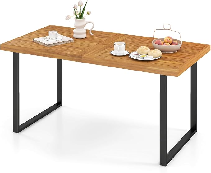 RELAX4LIFE Outdoor Dining Table for 6, 63’’ Rectangular Wooden Patio Table w/Umbrella Hole, Acacia Wood Tabletop & U-Shaped Metal Legs, Farmhouse Indoor Outdoor Use for Kitchen Garden Porch Backyard