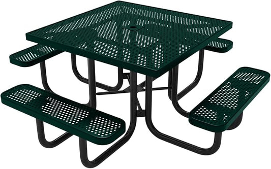 COATEDOUTDOORFURNITURE Heavy-Duty Portable Outdoor Picnic Table with Umbrella Hole, Punched Steel Commercial-Grade Patio Dining Furniture Made in America (46" Square Top, Dark Green)