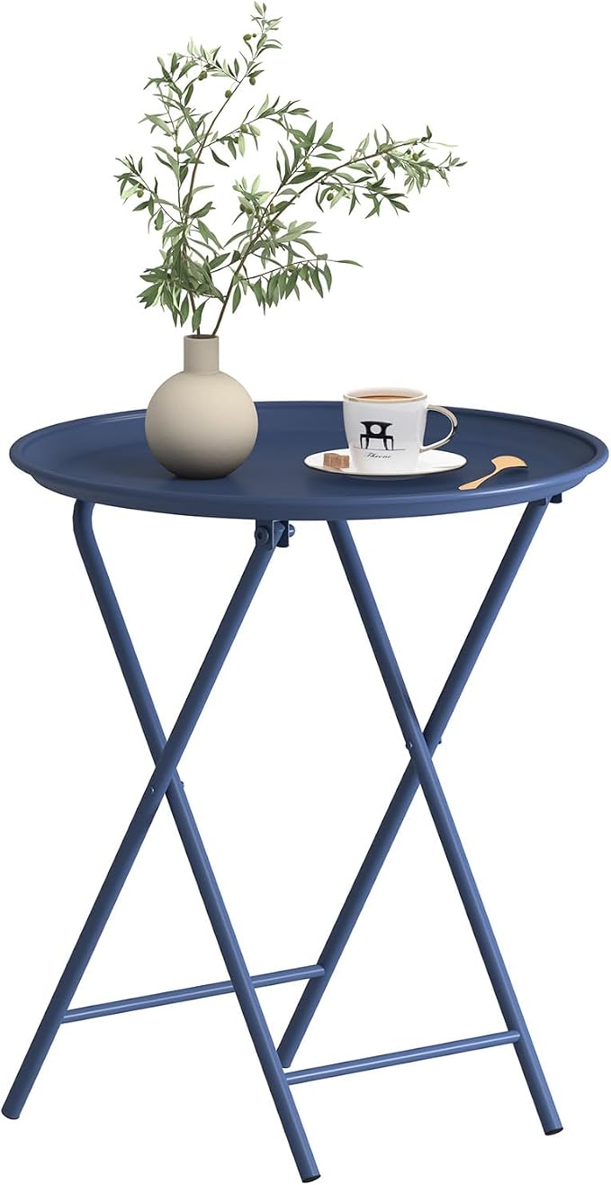 Garden 4 you Folding TV Tray Table, Metal Round Side Table, Blue Dinner Table with Metal Frame, Modern Outdoor Tray Table for Living Room, Bedroom, Patio & Small Spaces, 1 Pack