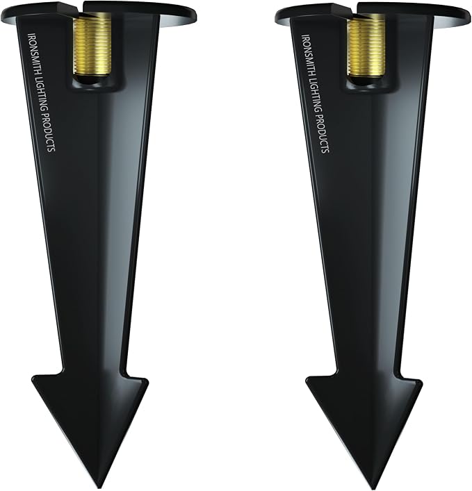 8" Outdoor Light Stake in Black Finish - Support Light Fixture Spikes, Universal Use, Resin Materials, Side Wireway (2 - Large Spike with Brass Wireway)