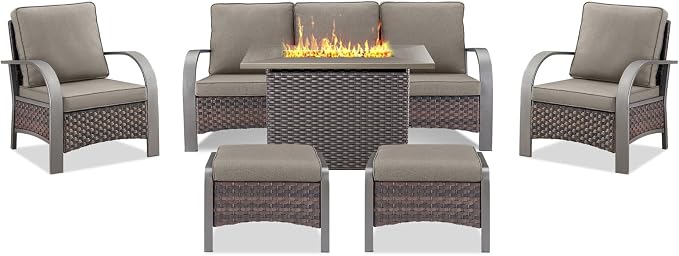 Belord 6 Pieces Patio Furniture Set with Fire Pit Table - 50000 BTU Propane Fire Pit, 2 Single Leisure Chairs, High Back Wicker Rattan Couch, Outdoor Conversation Set for Casual Gathering