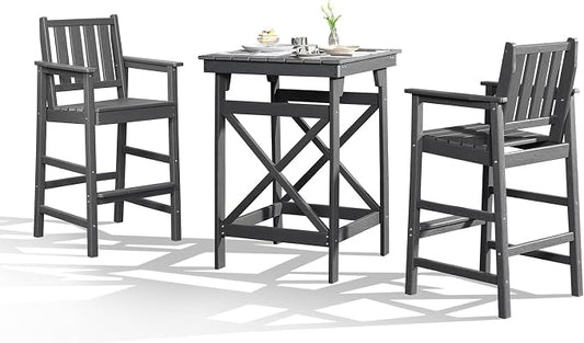 3-Piece Adirondack Chairs and Table Set, HDPE Patio Bar Sets, All Weather Outdoor Bar Stools Set, HDPE Adirondack Bar Height Chairs and Bar Table for Balcony, Pool, Porch, Smoke Gray