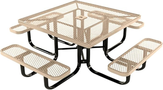 COATEDOUTDOORFURNITURE Heavy-Duty Portable Outdoor Kids Table with Umbrella Hole, Expanded Metal Kids Picnic Table, Commercial-Grade, Made in America (46 in, Square, Childrens, Tan)