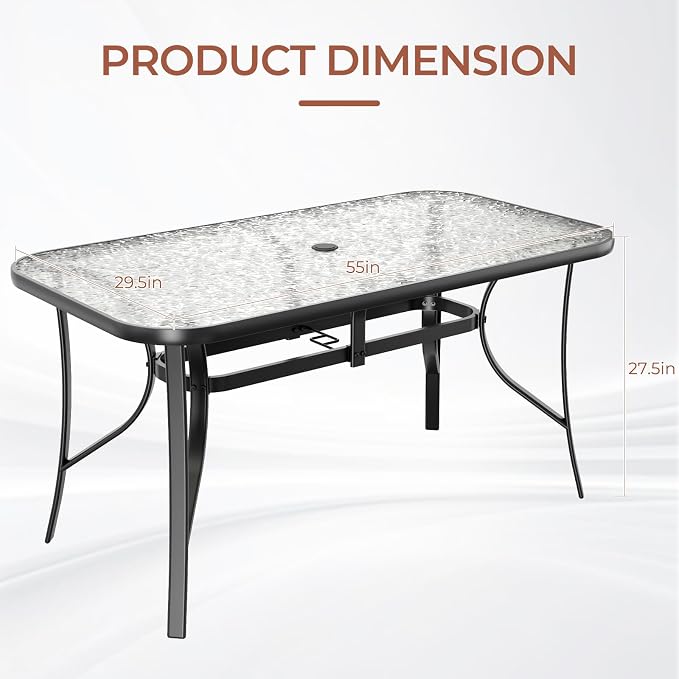 TLSUNNY Patio Outdoor Table W/ 1.69″ Umbrella Hole, 30"X 55" Rectangular Tempered Glass Patio Dining Table for 6, Outdoor Metal Furniture, All-Weather Use, for Patio, Graden, Backyard (Black)