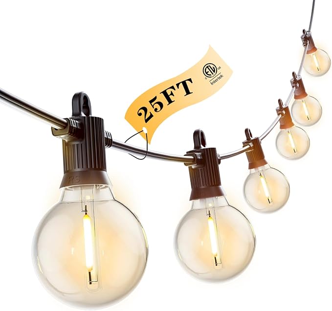 Kawaya G40 Outdoor String Lights 25FT IP65 Waterproof 2700K LED Patio Light | IP65 12 Shatterproof Edison Globe Blubs, 2700K Warm White for Garden Porch Fence Camping Party Backyard Deck Bistro Balcony