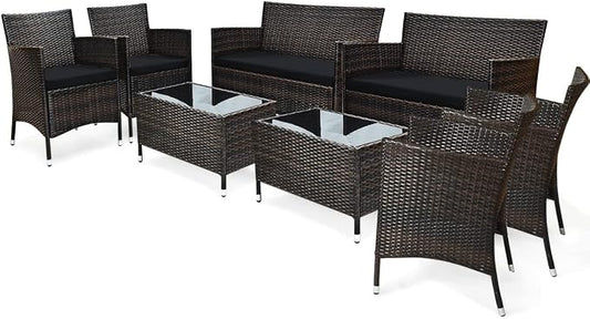 8 Pieces Patio Sofa Set, Wicker Conversation Set with Ergonomic Curved Backrest, Water-Resistant Cushion & Tempered Glass Table for Balcony, Porch (Black)