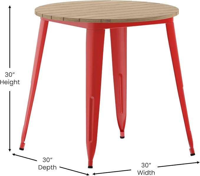 EMMA + OLIVER Drew Dining Table - Brown 30" Round Poly Resin Table Top - Red Steel Base - All-Weather for Indoor/Outdoor Use