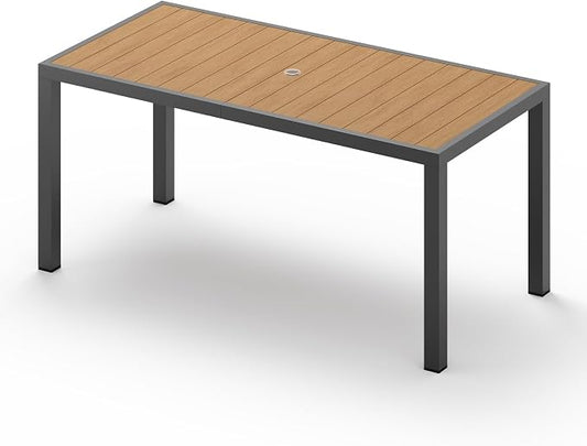 Vexwalx 67" HDPS Outdoor Patio Dining Table, Aluminum-Edged Outdoor Dining Table with Umbrella Hole, Weather-Resistant for Lawn, Garden, Poolside and Indoor Use, Gray&Teak