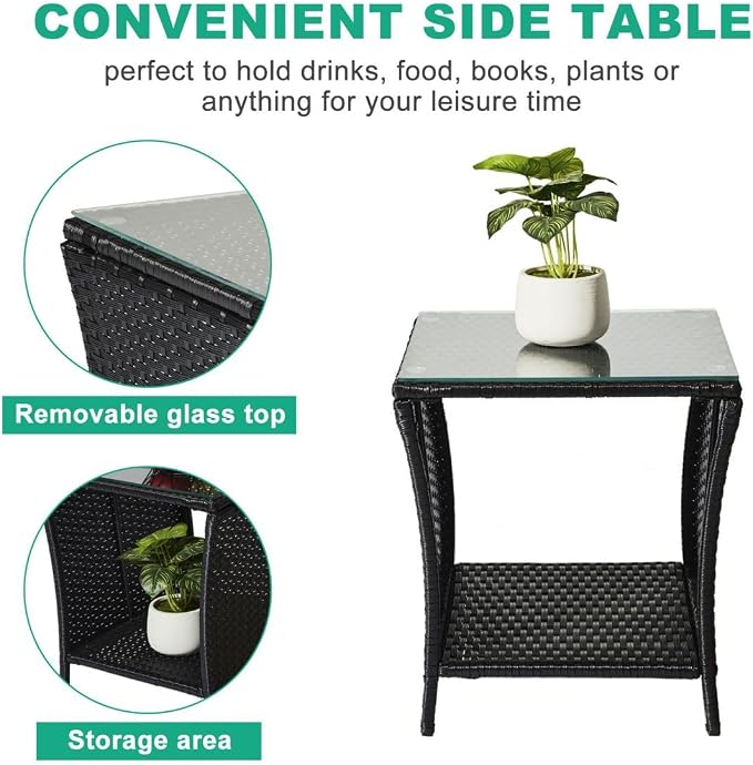 Outdoor Patio Wicker End Table Square Side Bistro Coffee Table with Glass Top Storage Shelf for Garden Lawn Backyard Black