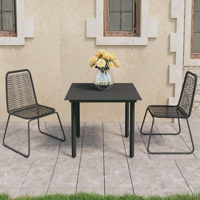 3 Piece Patio Dining Set PVC Rattan Black Outdoor Furniture Set with Glass Tabletop and Lightweight Chairs for Garden, Terrace, Balcony