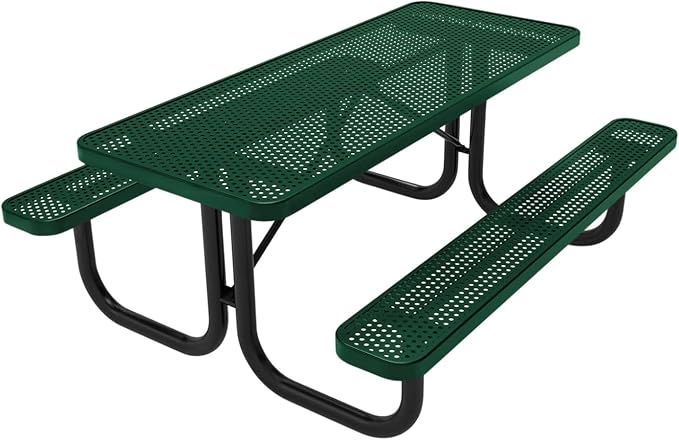 COATEDOUTDOORFURNITURE Heavy-Duty Portable Outdoor Picnic Table, Thermoplastic Coated Punched Steel Commercial-Grade Patio Dining Furniture Made in America (6ft Rectangular, Textured Green)