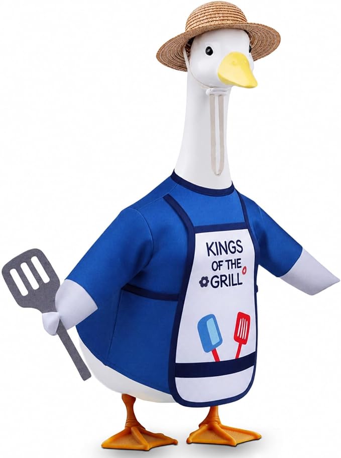 BBQ Porch Goose Outfits, 23 Inch Porch Goose Summer Outfit, Funny Duck Clothes with Straw Hat, Apron & Spatula -Goose Clothes for Cement Goose Outdoor Garden Yard Decor
