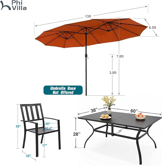PHI VILLA 7 Pcs Patio Dining Set w/Umbrella&6 Stackable Chairs | 60” Rectangular Metal Dining Table & 6 Stackable Metal Chairs & 13ft Large Red Umbrella for Outdoor, Deck, Yard, Porch