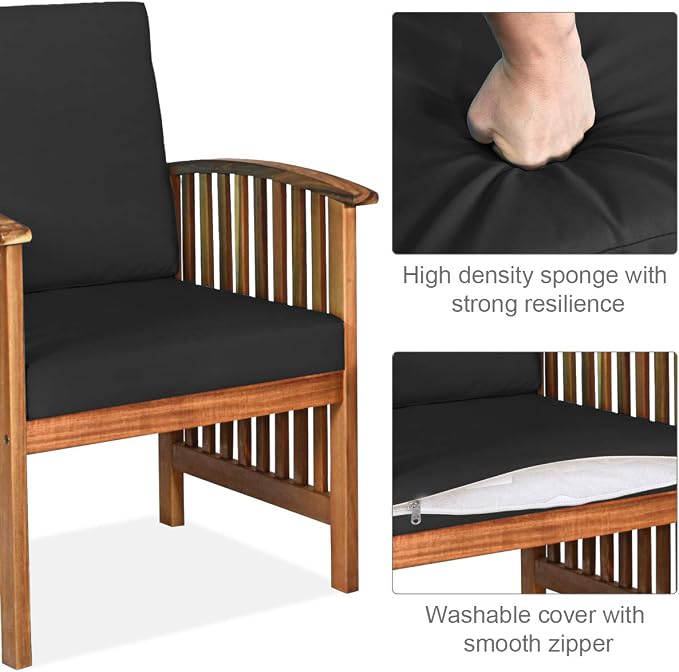 Tangkula Outdoor 4 PCS Acacia Wood Sofa Set w/Water Resistant Cushions, Padded Patio Seating Chat Set w/Coffee Table for Garden, Backyard, Poolside (1, Black)