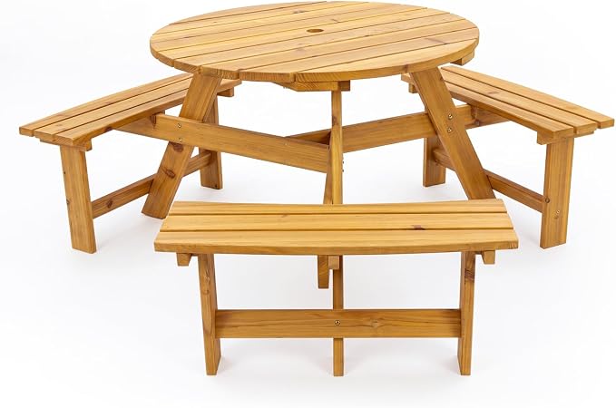 Garvee 6 Person Wooden Picnic Table, Outdoor Picnic Tables with 3 Built-in Benches, Circular Camping Dining Table and Chairs Set with Umbrella Hole for Garden, Patio, Backyard, Natural Wood