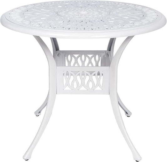 VIVIJASON 35.4" Outdoor Patio Dining Round Table White Cast Aluminum Rustic Large Patio Table with Umbrella Hole