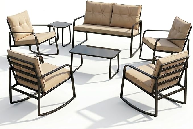 Gizoon 7-pc Outdoor Patio Furniture Set, Black Steel Patio Rocking Chairs Conversation Set with Loveseat, 6-Person Porch Bistro Set with Glass Coffee Table & Side Tables for Garden, Backyard, Beige