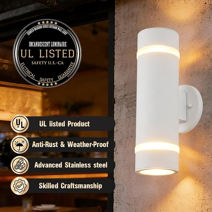 13" Stainless Steel Modern Outdoor Wall Sconce Cylinder Porch Light | E26 Base,UL listed,White Up and Down Lights Outdoor Exterior Lighting Fixture for House Garage Patio Porch Garden