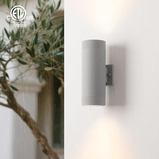 mirrea 14" Modern Outdoor Porch Light in 2 Lights, Matte Gray, 2 Pack | Aluminum cylinder exterior fixtures, tempered glass cover, waterproof wall sconce & patio light for outdoor use.
