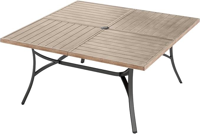 MFSTUDIO 57.5" Square Metal Outdoor Dining Table, Large Patio Furniture 8 Person Table with 1.57" Umbrella Hole for Deck,Backyard,Lawn,Garden(Brown)