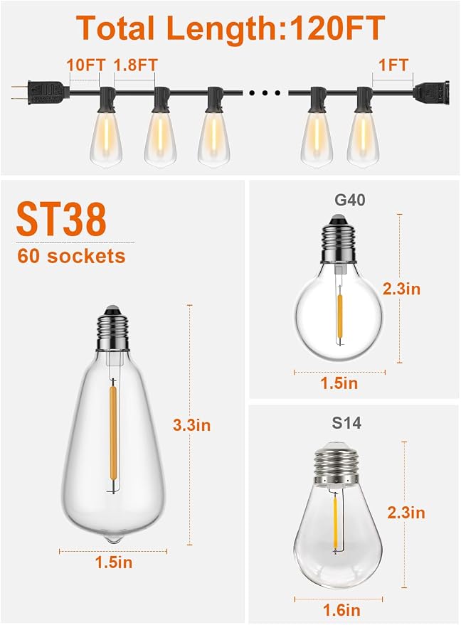 GPATIO 120FT Outdoor String Lights, Waterproof Patio Lights with 64 Hanging Lights ST38 Bulbs, 2700k Shatterproof for Backyard Gazebo Porch Garden Outside Decor