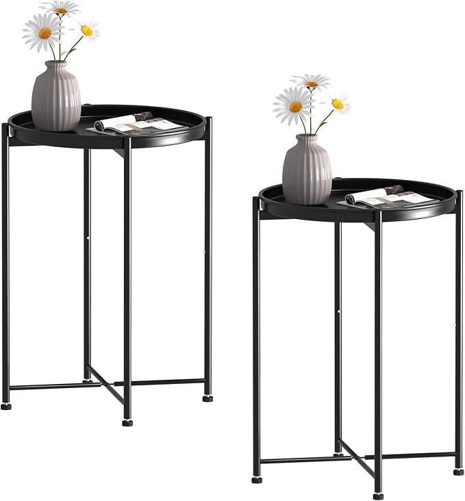 Garden 4 you Small Side Table, Mini Round End Table, Tray Table with Metal Frame, Modern Nightstand for Living Room, Bedroom, Patio, Small Space, 2pcs