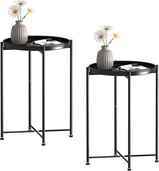 Garden 4 you Small Side Table, Mini Round End Table, Tray Table with Metal Frame, Modern Nightstand for Living Room, Bedroom, Patio, Small Space, 2pcs