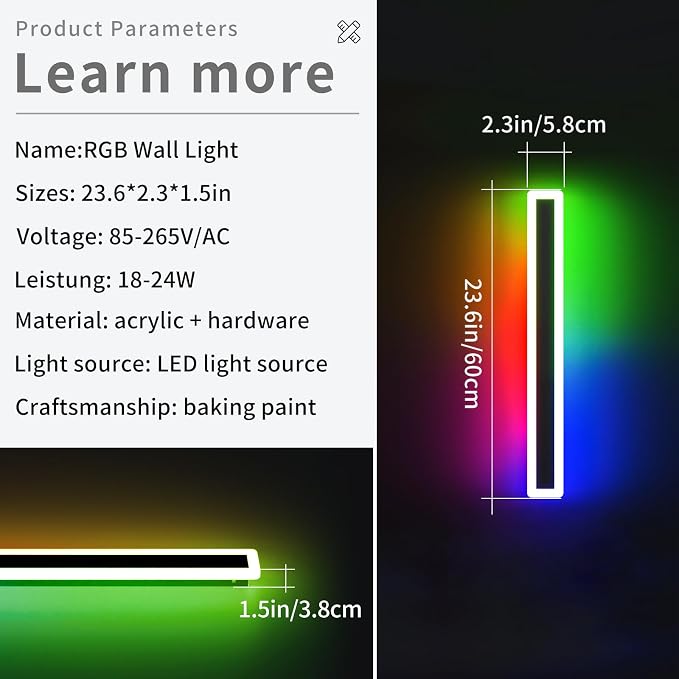 23.6inch Outdoor Modern Wall Light, 10 Colour RGB Dimmable Long Wall Sconce, IP65 Waterproof Simple Acrylic Exterior Garage Lighting Fixtures for Patio House Garage, Front Door, Porch