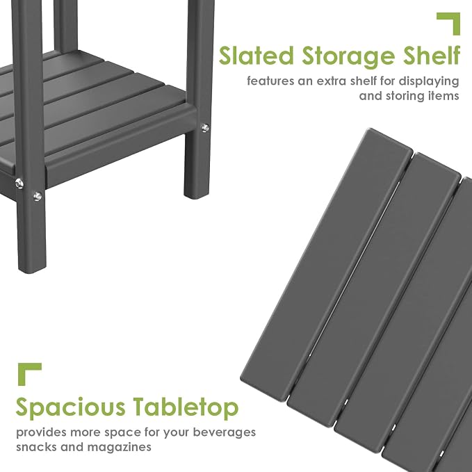 GREENVINES Adirondack-Outdoor-Side-Table | Set of 4 | 14 x 13 Inches | HDPE Plastic | All Weather | Grey | Outside End Tables | Storage Shelf | for Patio Porch Backyard Indoor
